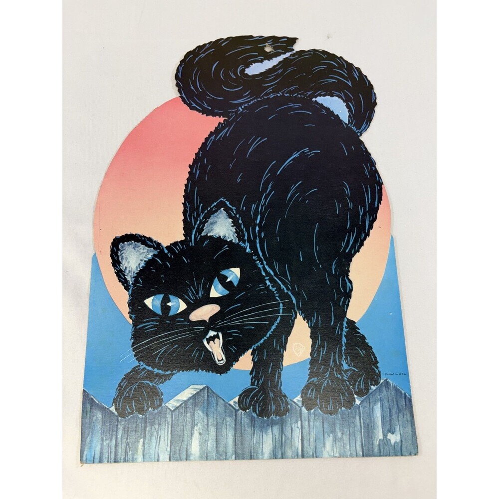 Vintage Die Cut Black Cat on a Fence w/ Moon Halloween Single Sided Decoration